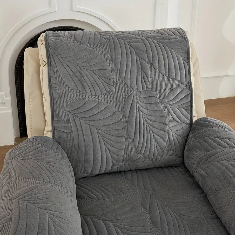 Gray recliner chair cover with a textured leaf pattern.