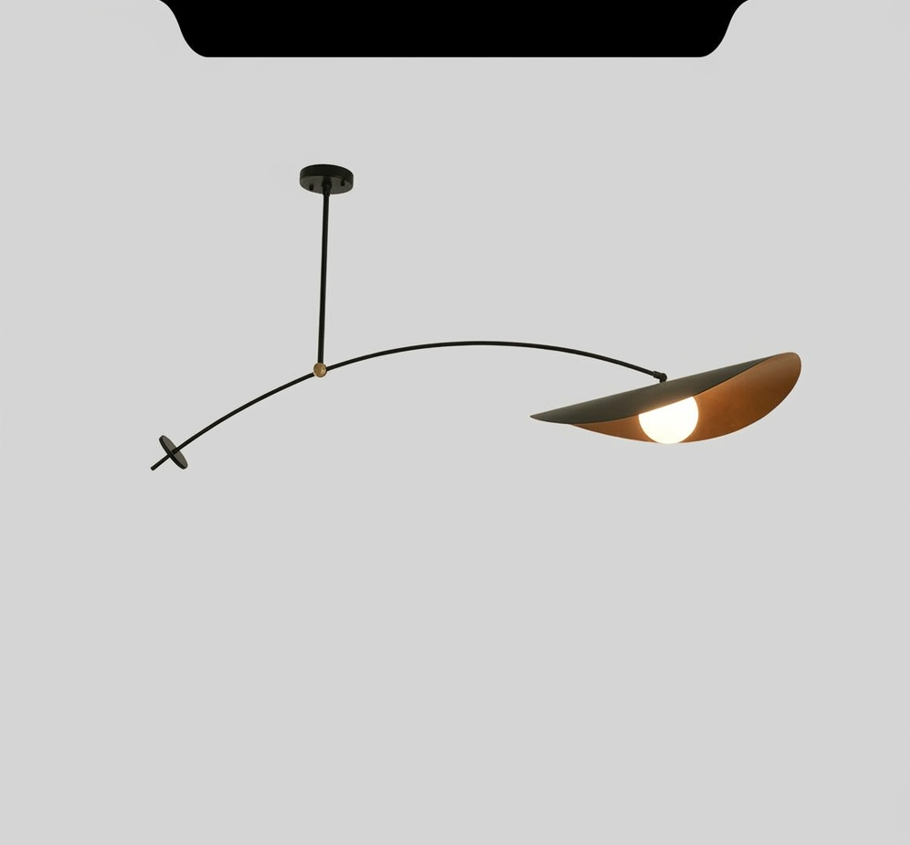 Black adjustable pendant light with a curved arm and a leaf-shaped shade.
