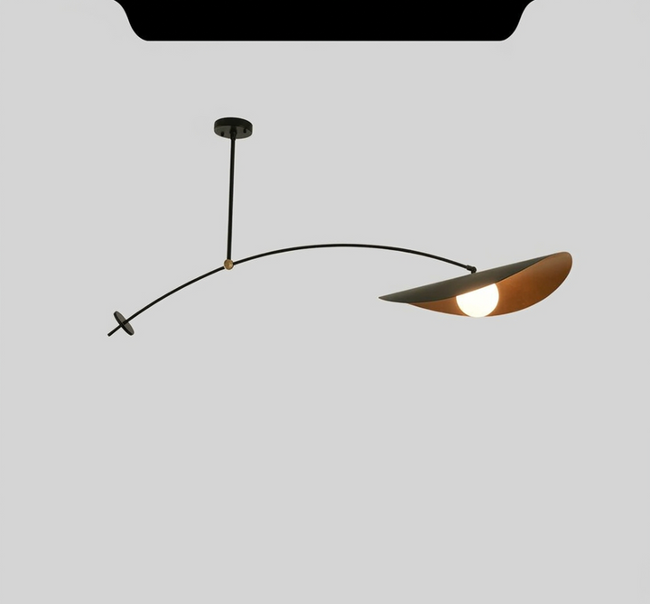 Black adjustable pendant light with a curved arm and a leaf-shaped shade.