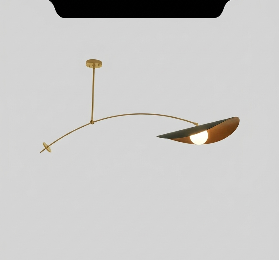 Black adjustable pendant light with a curved arm and a leaf-shaped shade.