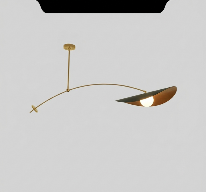 Black adjustable pendant light with a curved arm and a leaf-shaped shade.