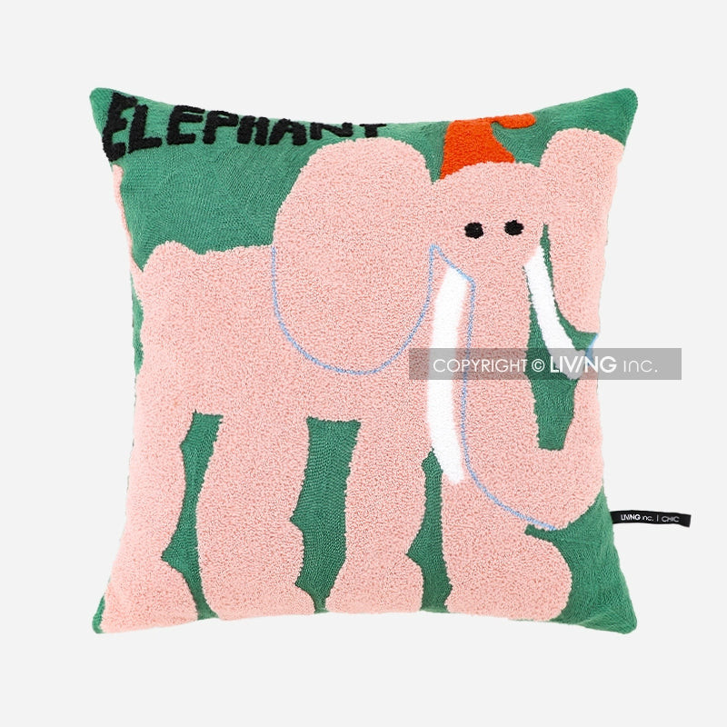 A pink elephant with a green background and the word ELEPHANT at the top.
