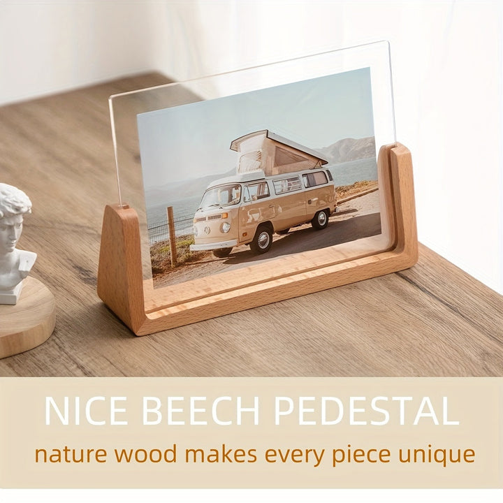 U-shaped acrylic photo frame with a beech wood base displaying a vintage camper van photo.