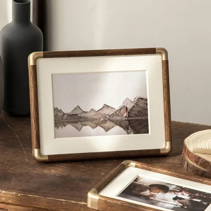 Brooks Vintage Photo Frame with wood and brass accents displaying a landscape photo.