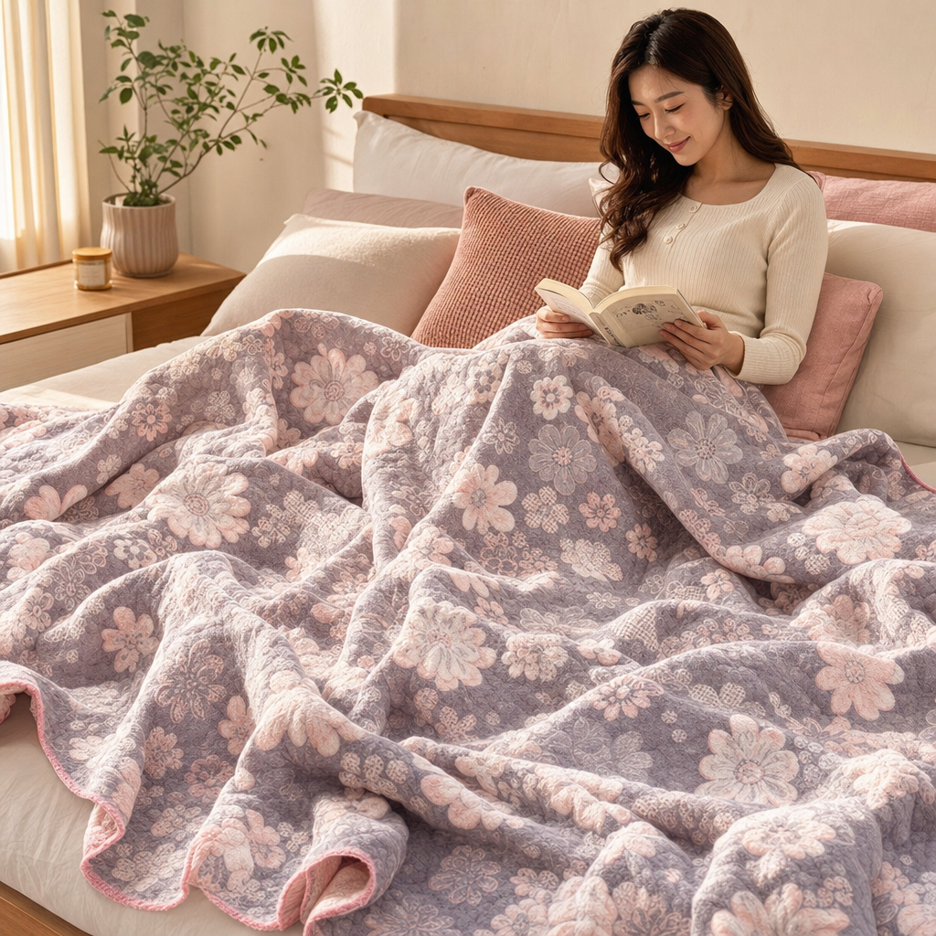 Woman reading in bed under a floral cotton gauze blanket with pink and grey flowers.