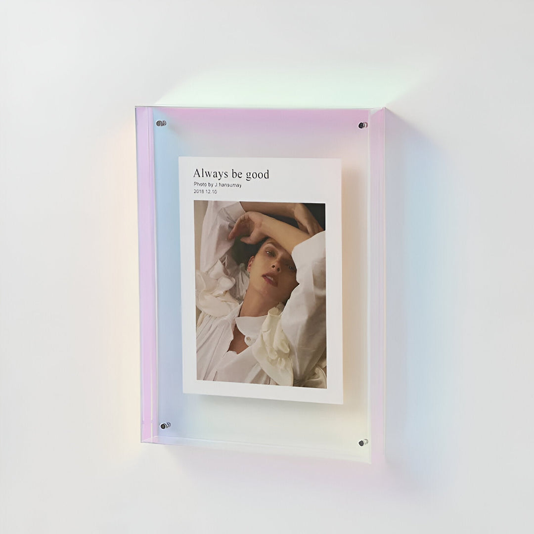 Coloured acrylic picture frame displaying a photo with text &