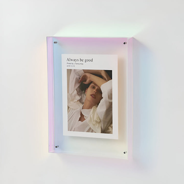 Coloured acrylic picture frame displaying a photo with text &