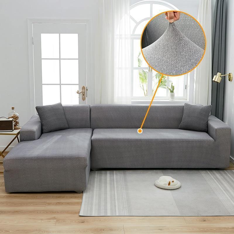 L-shaped sofa covered in a light grey spotted fabric, with a close-up showing the stretchy material.