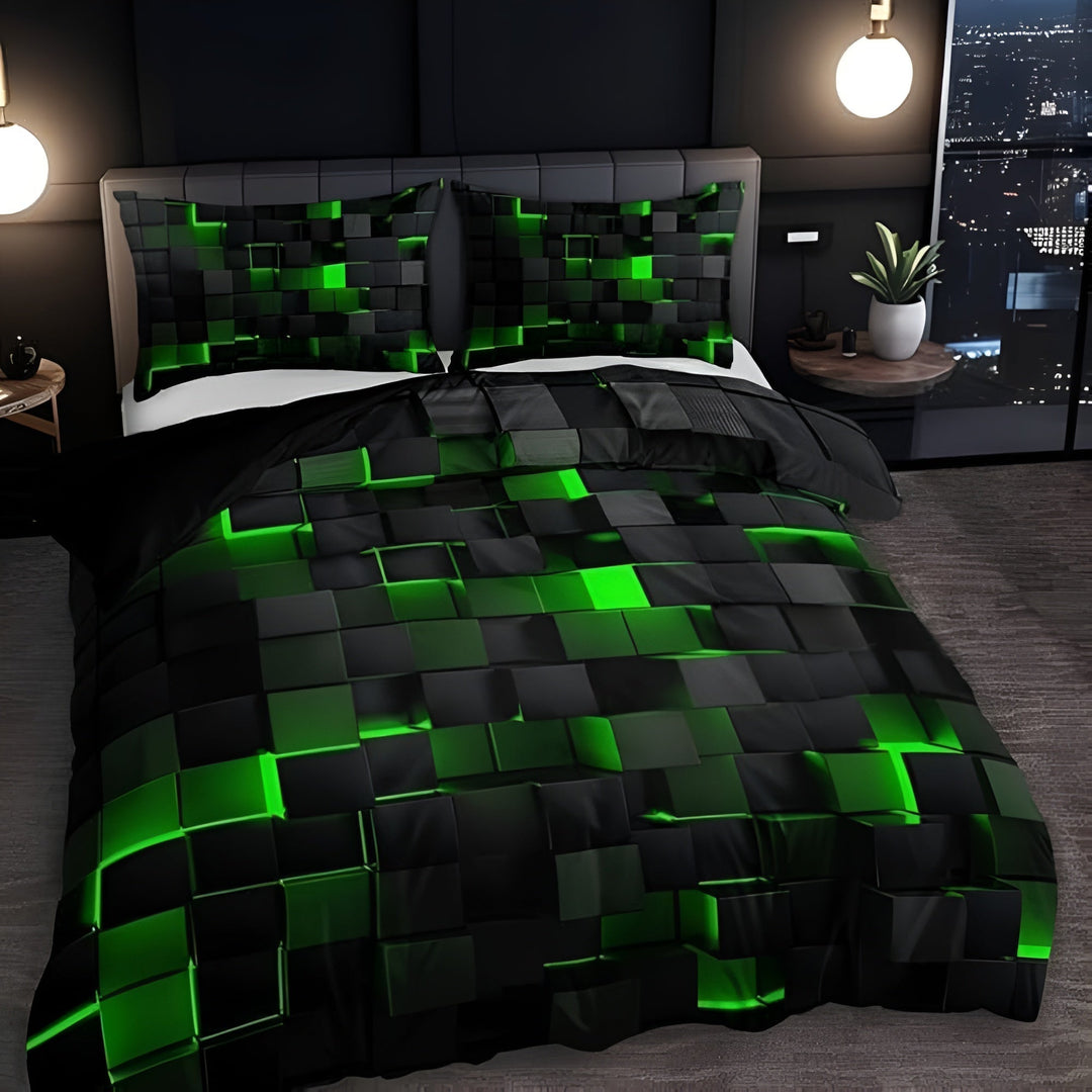 GEOMATRIX Duvet Cover Set with a 3D black and green cube pattern.