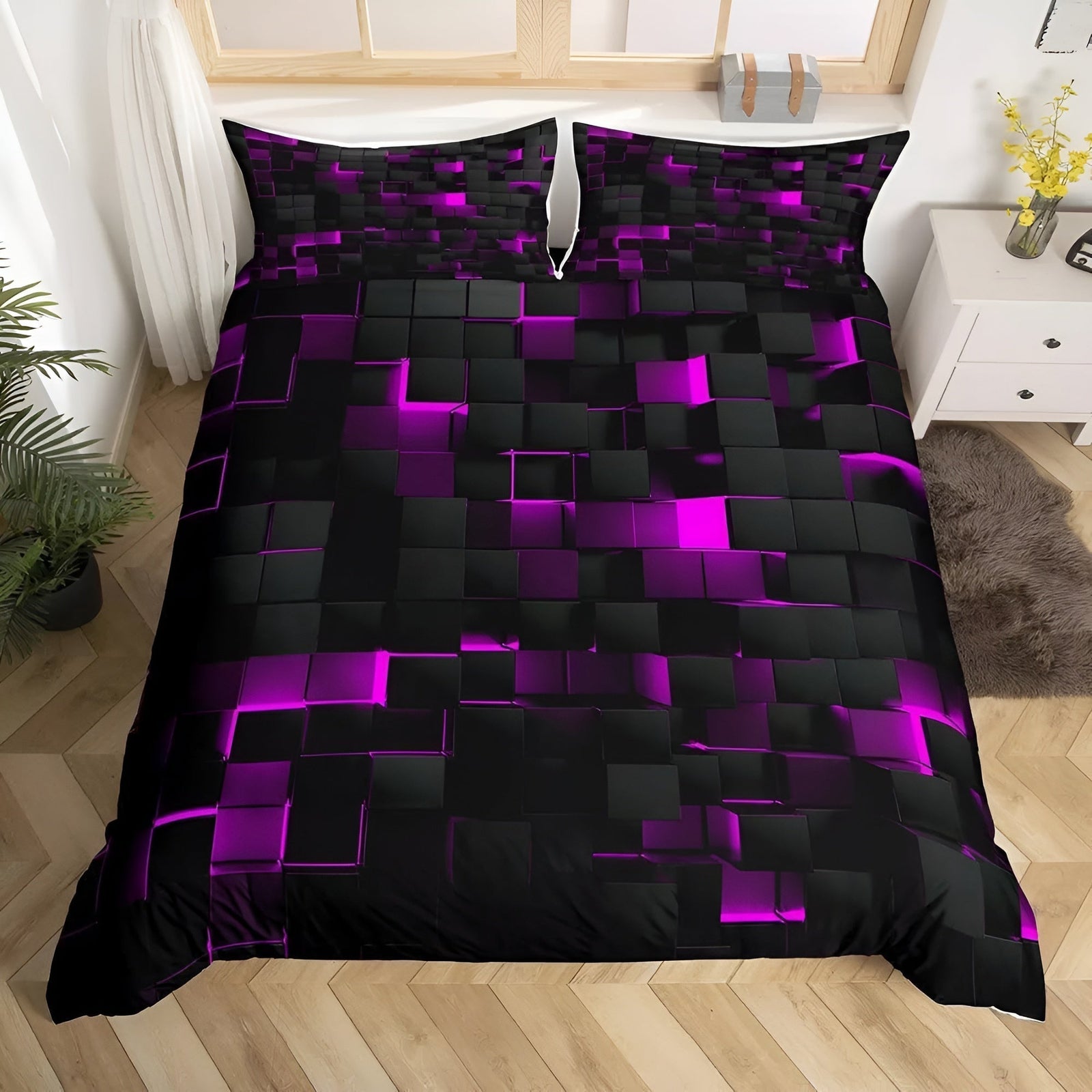 GEOMATRIX duvet cover set with a 3D black and purple cube pattern on a bed.