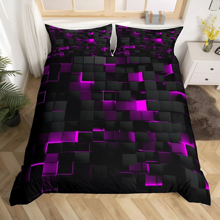 GEOMATRIX duvet cover set with a 3D black and purple cube pattern on a bed.