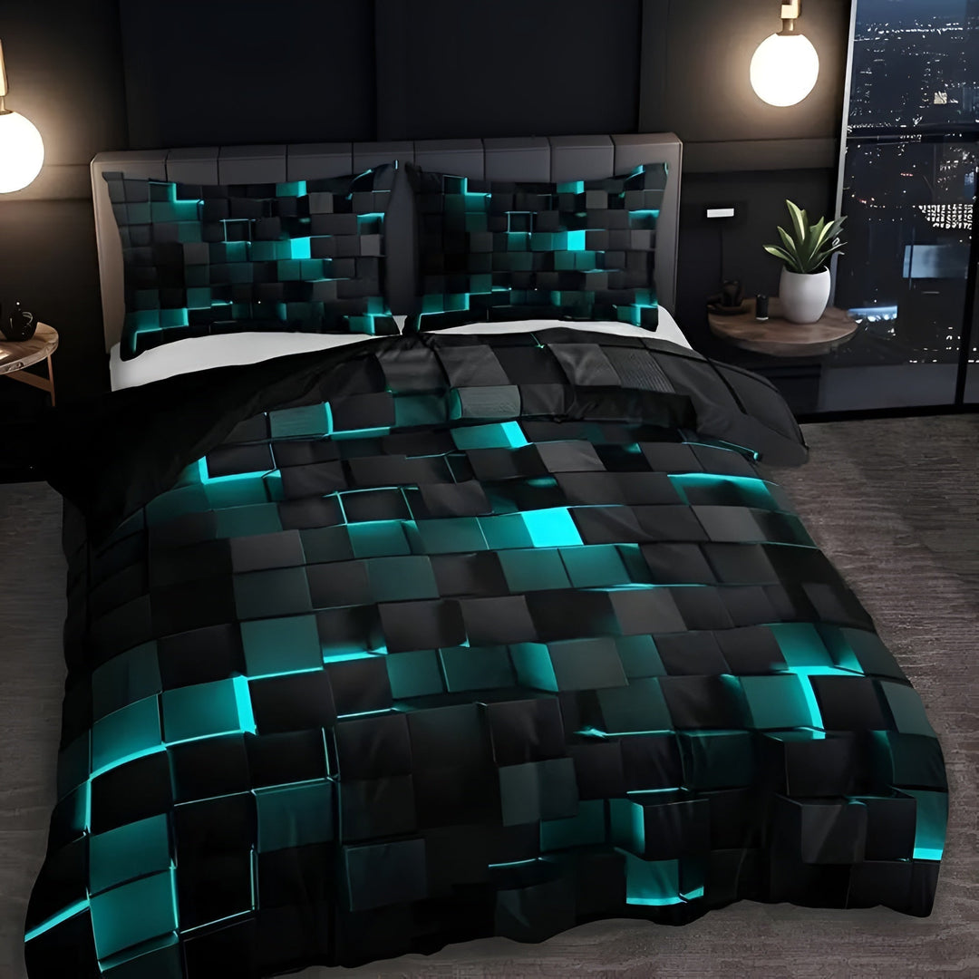GEOMATRIX Duvet Cover Set with a 3D black and teal cube pattern.