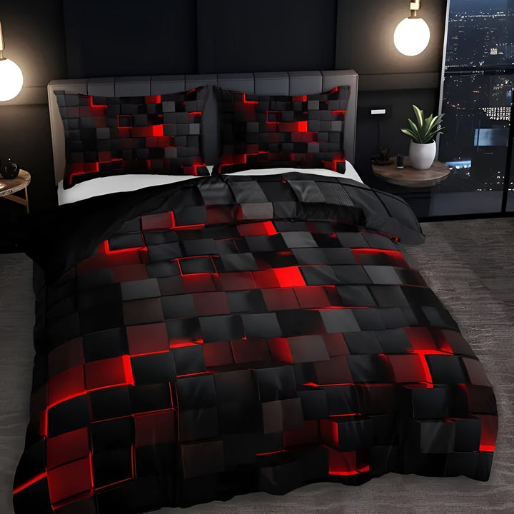 GEOMATRIX Duvet Cover Set with a 3D black and red geometric cube pattern.