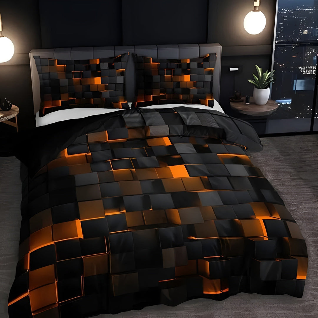 GEOMATRIX Duvet Cover Set with a 3D black and orange geometric cube pattern.