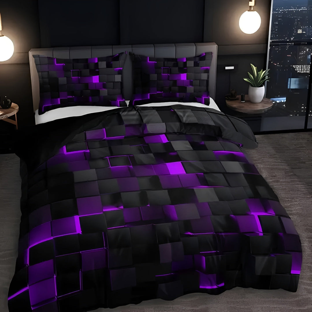GEOMATRIX duvet cover set with a 3D black and purple geometric cube pattern.
