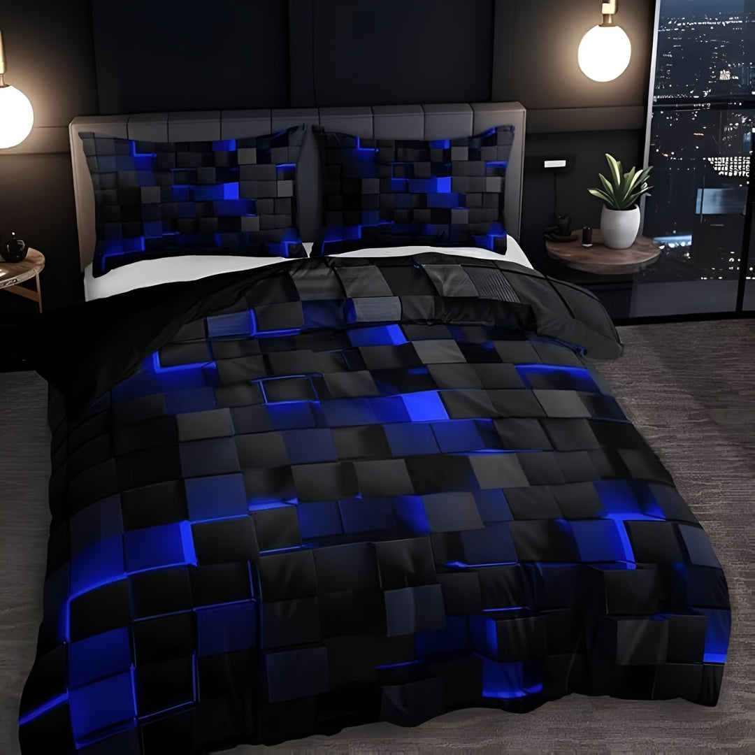 GEOMATRIX duvet cover set with a 3D black and blue geometric cube pattern.
