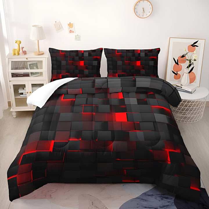 GEOMATRIX Duvet Cover Set with a 3D black and red cube pattern, two pillowcases, and a white comforter.