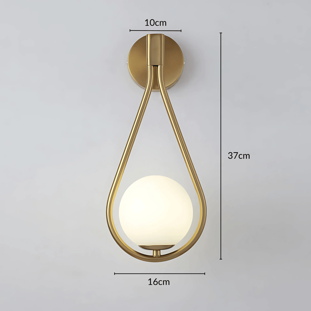 Gold teardrop wall sconce with a frosted glass globe, 37cm tall, 16cm wide, and 10cm deep.