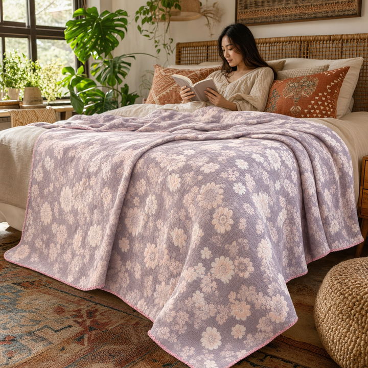 A woman reads a book in bed covered by a light purple floral gauze blanket.