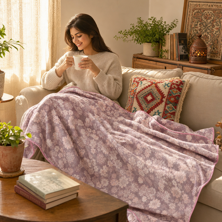 Woman sitting on a couch covered with a light purple floral cotton gauze blanket, holding a white mug.