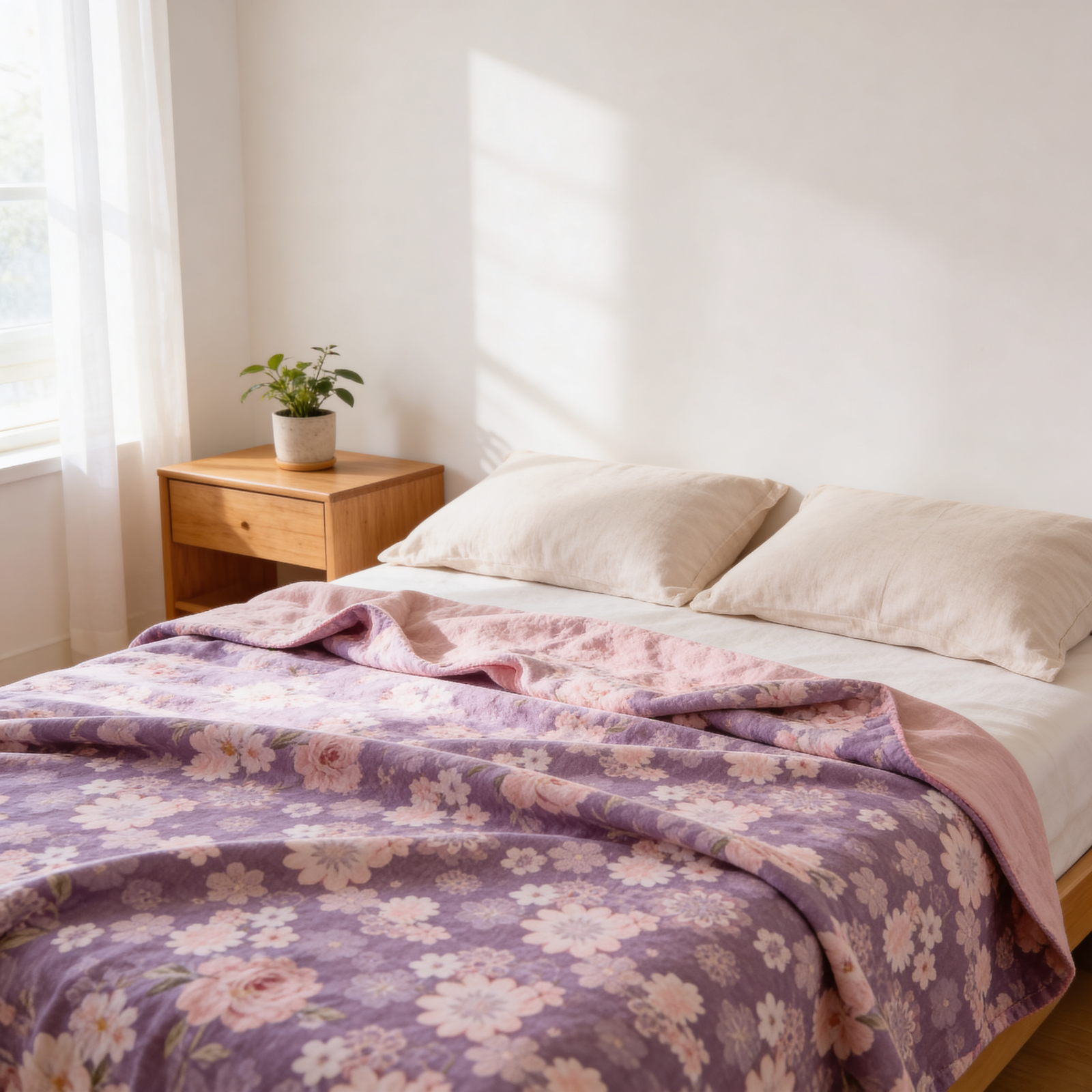 Reverie Floral Cotton Gauze Blanket with purple and pink floral pattern draped on a bed.