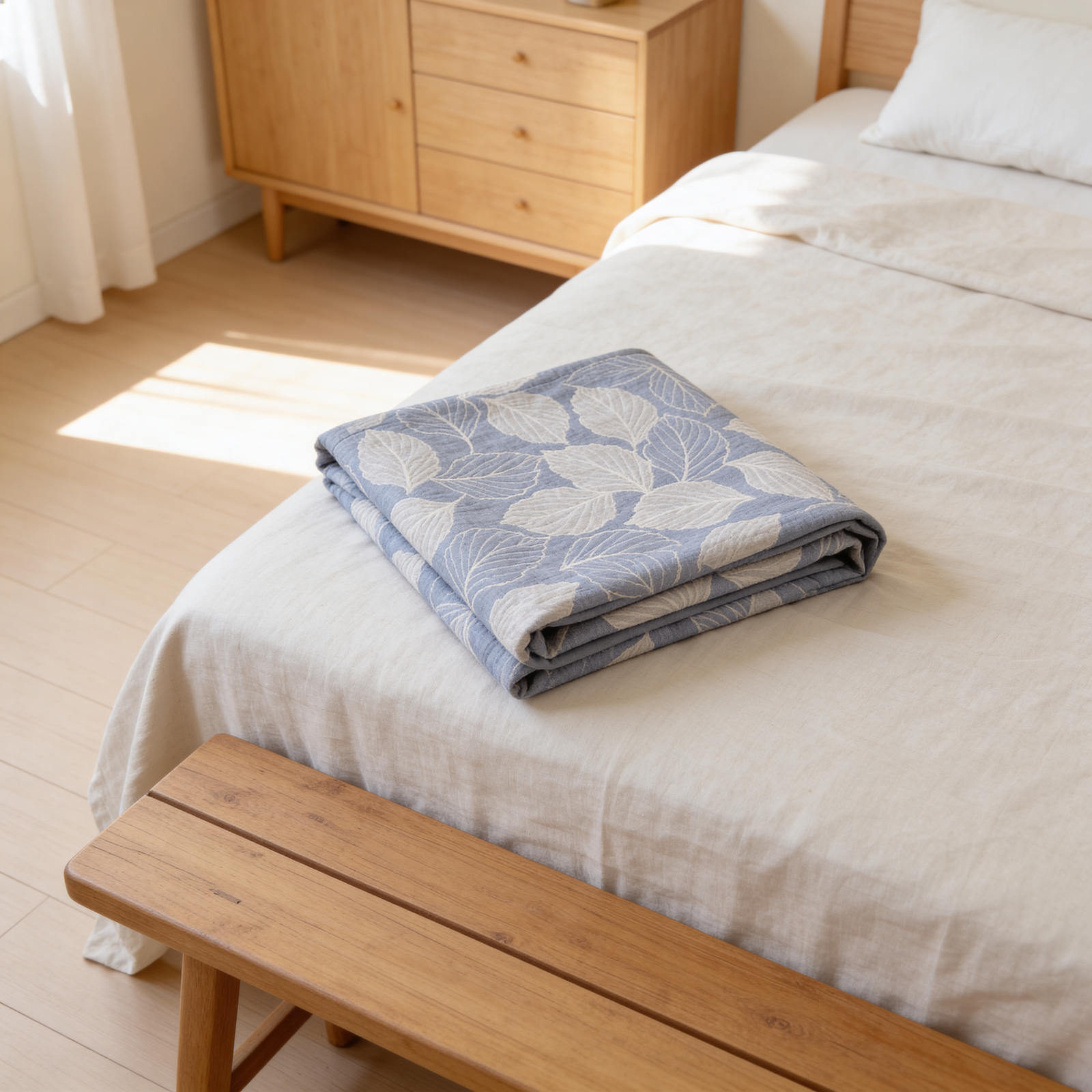 A folded blue cotton triple gauze blanket with a white mulberry leaf pattern rests on a bed.