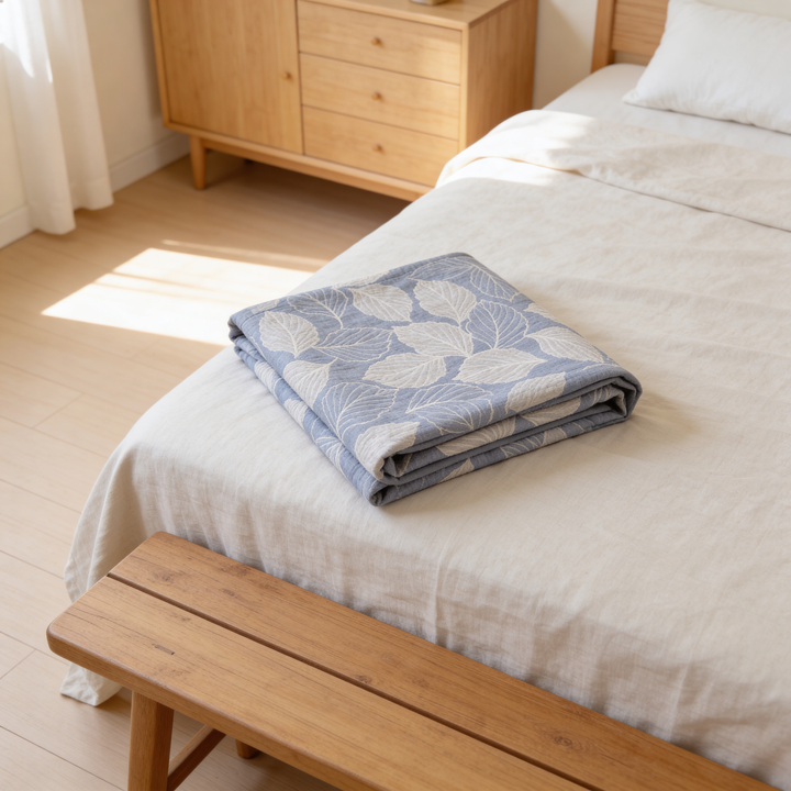A folded blue cotton triple gauze blanket with a white mulberry leaf pattern rests on a bed.