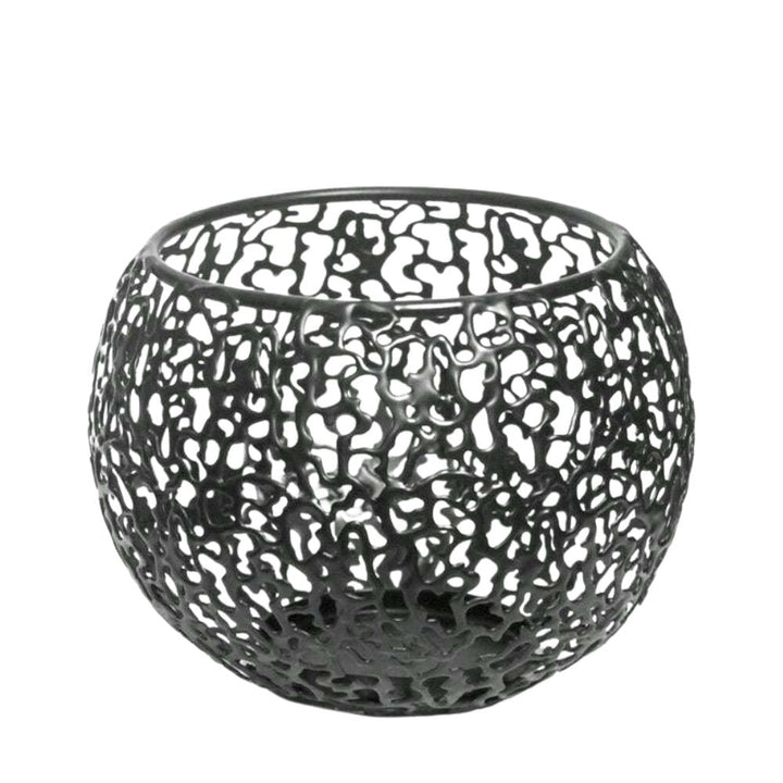 Black geometric iron sphere tealight holder with a hollow, open design.