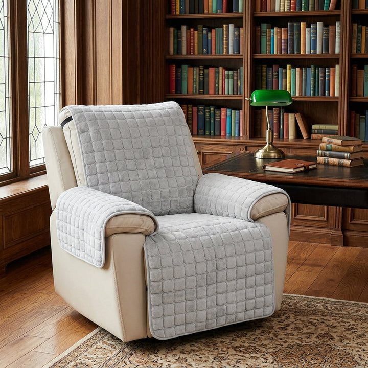 Light gray quilted recliner chair cover with a checkered pattern.