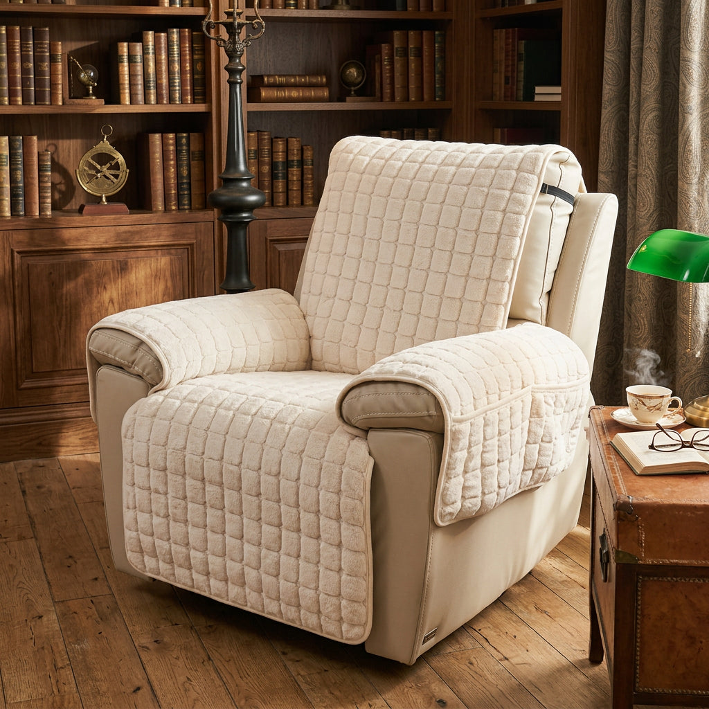 Beige quilted recliner chair cover with side pockets, shown on a recliner in a library setting.