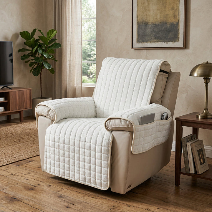 Quilted cream recliner chair cover with side pockets, protecting a beige recliner.