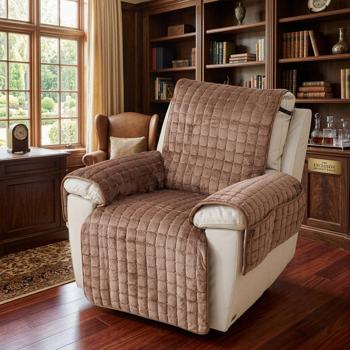 Brown quilted recliner chair cover with armrest protectors and a side pocket.