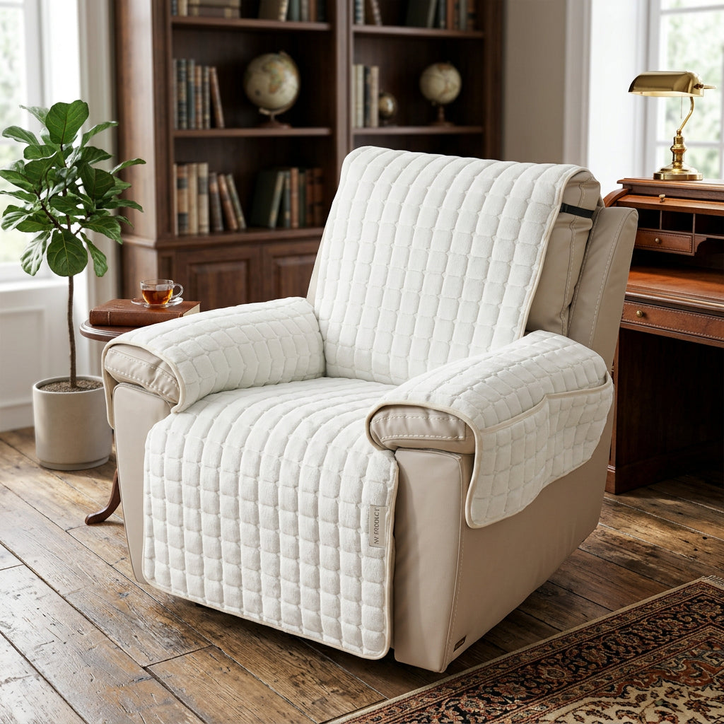 Quilted recliner chair cover in cream, featuring a non-slip fit and side pocket.