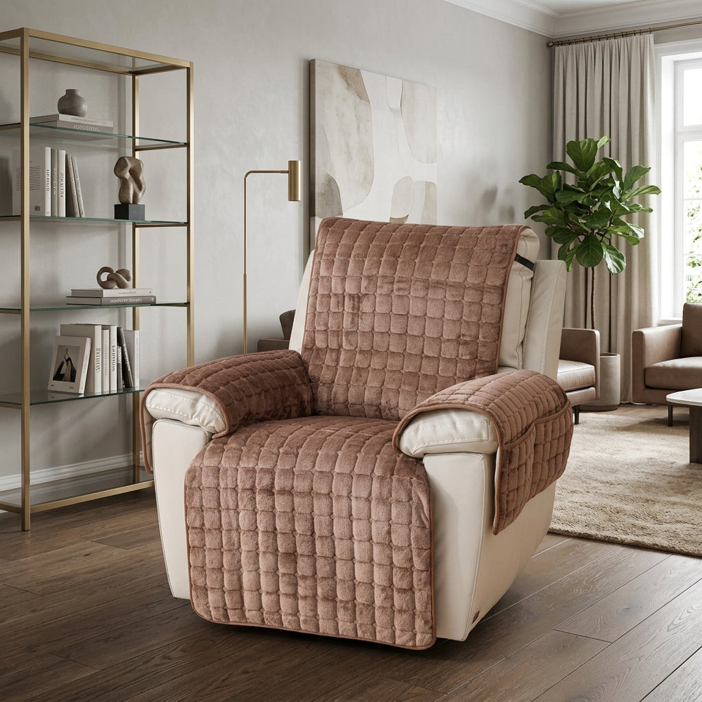 Brown quilted recliner chair cover with a non-slip fit and side pocket.