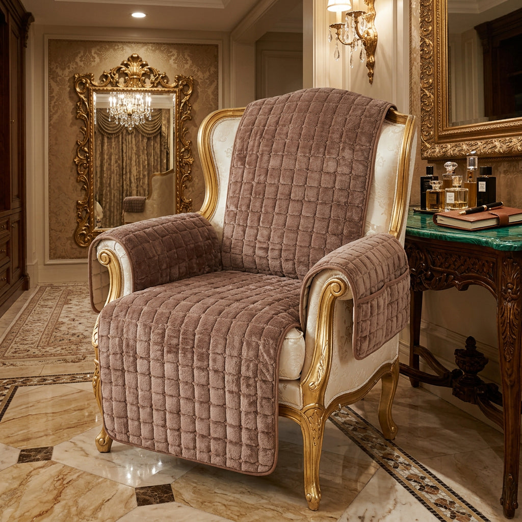 Brown quilted recliner chair cover with side pocket on a gold-trimmed chair.
