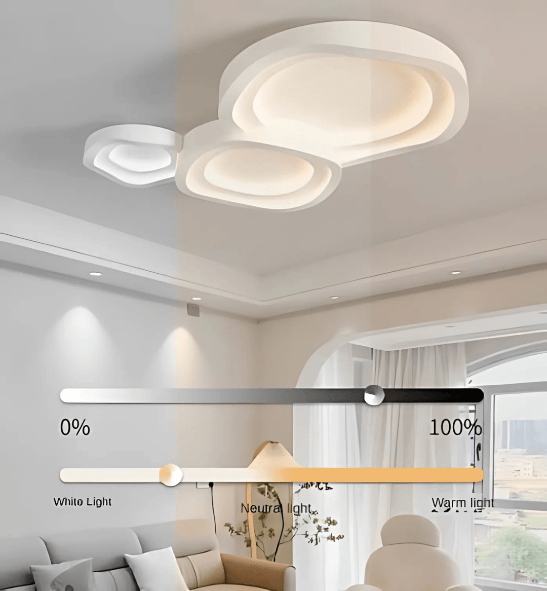 Modern white ceiling light with multiple organic shapes, adjustable brightness and color temperature.