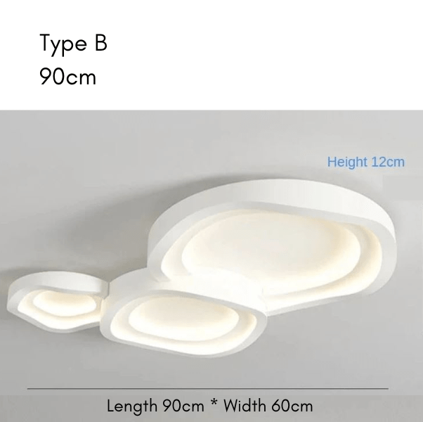 A modern white ceiling light with three overlapping rounded shapes measuring 90cm by 60cm.