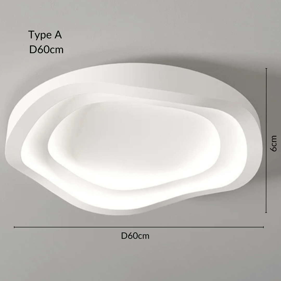 Modern white ceiling light with layered, organic shape, 60cm diameter.