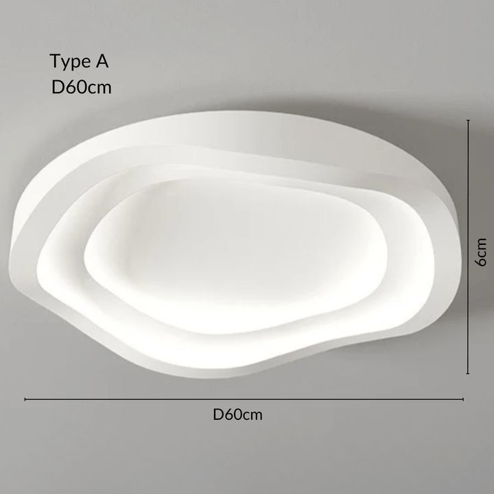 Modern white ceiling light with layered, organic shape, 60cm diameter.