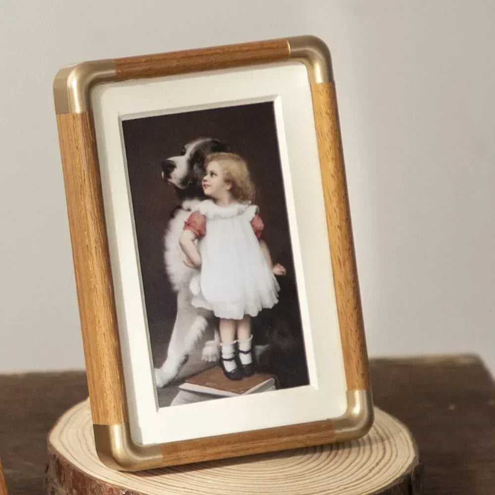 Brooks Vintage Photo Frame with wood and brass accents displaying a painting of a girl and a dog.